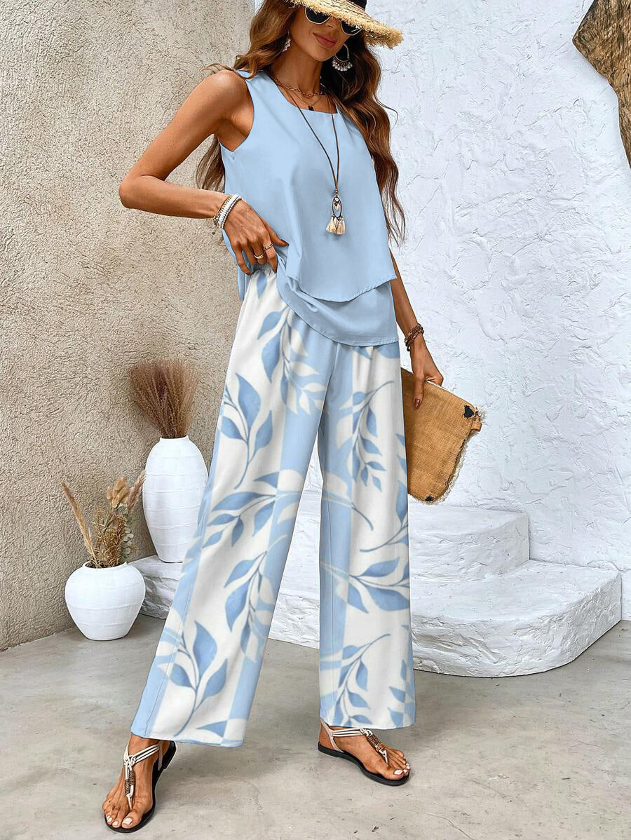 Conjunto De Dos Piezas Con Top Sin Mangas Y Pantalones Rectos Para Mujer