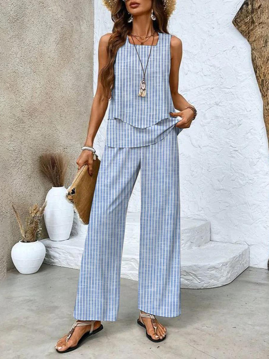 Conjunto De Dos Piezas Con Top Sin Mangas Y Pantalones Rectos Para Mujer