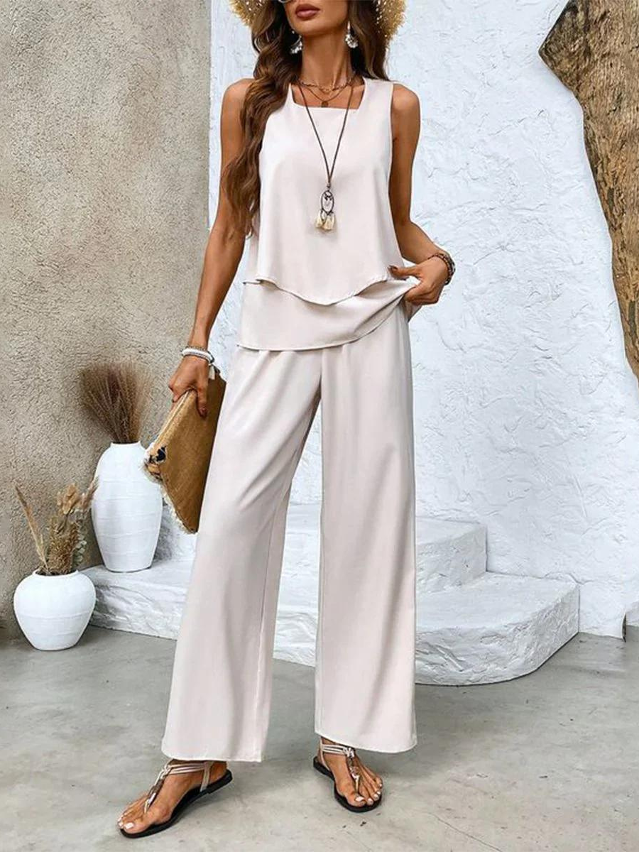Conjunto De Dos Piezas Con Top Sin Mangas Y Pantalones Rectos Para Mujer