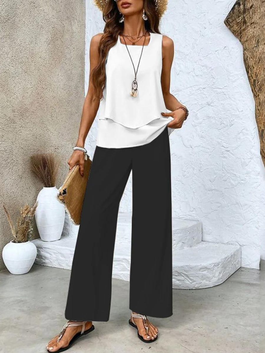 Conjunto De Dos Piezas Con Top Sin Mangas Y Pantalones Rectos Para Mujer