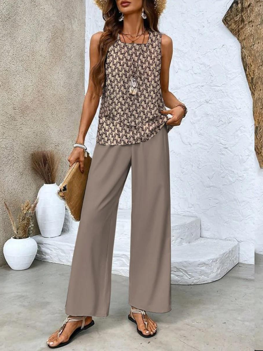 Conjunto De Dos Piezas Con Top Sin Mangas Y Pantalones Rectos Para Mujer
