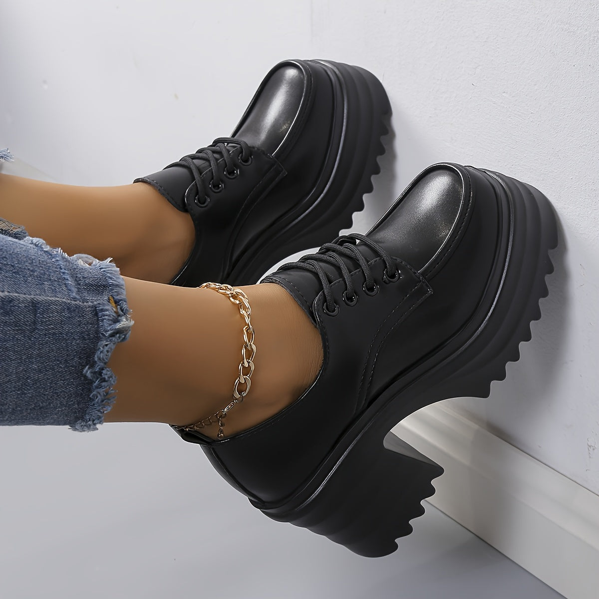 Zapatos De Cordones Con Tacón Ancho Para Mujer
