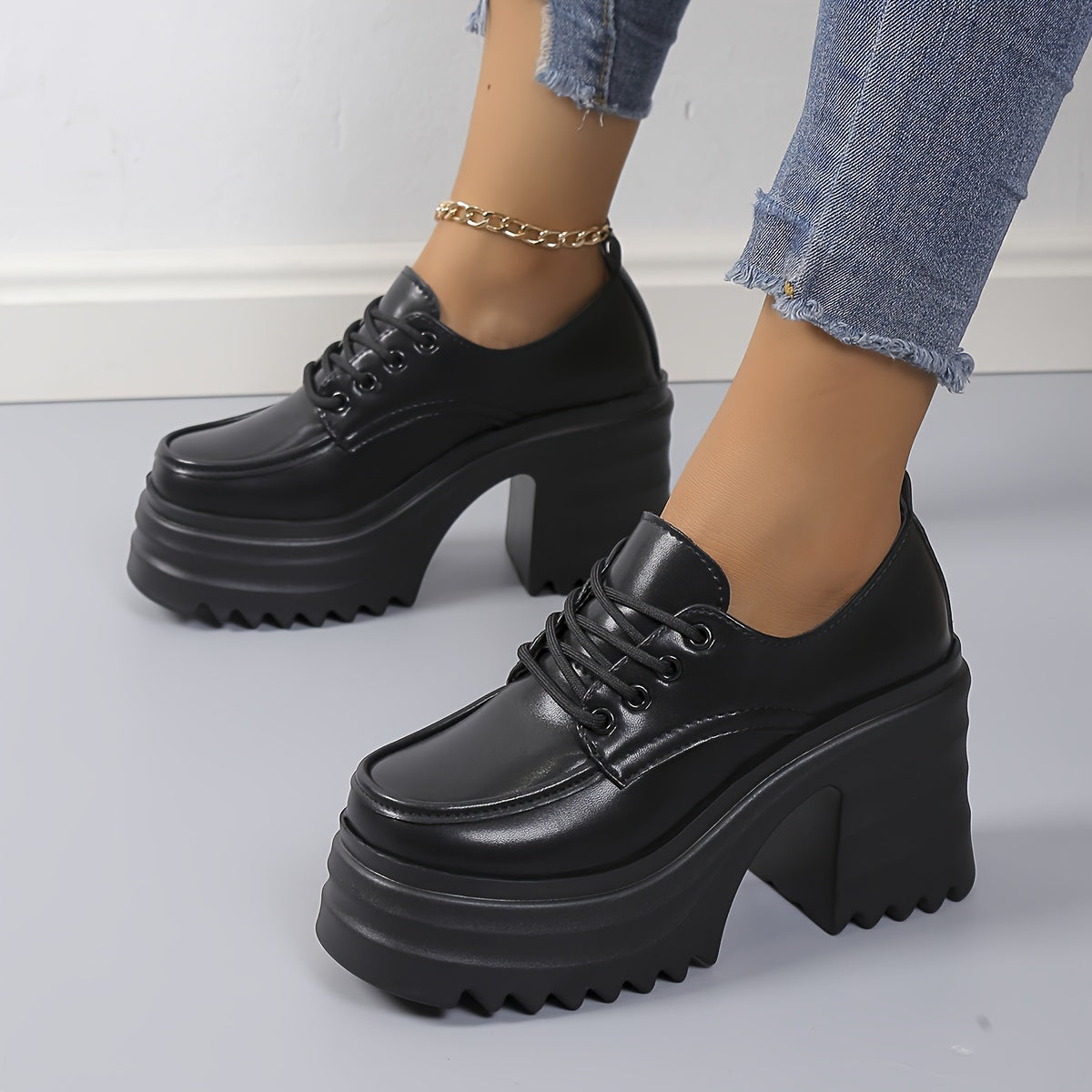 Zapatos De Cordones Con Tacón Ancho Para Mujer